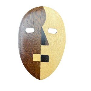 Abstract Handcrafted Wooden Face Mask Brooch Two-Tone Brown & Blonde Wood Design